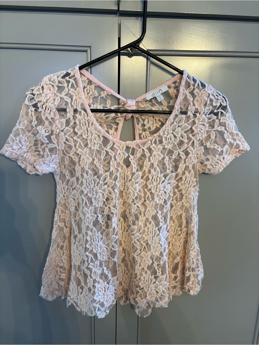 Y2K Delias Pale Pink Lace Short Sleeve Top M